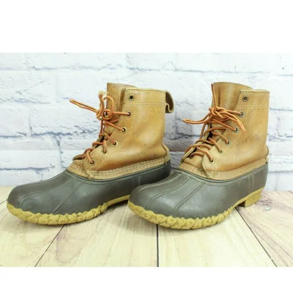 LL Bean Brown Leather Lace Up Round Toe Unlined Ankle Duck Boots Size 9 M - Picture 2 of 9
